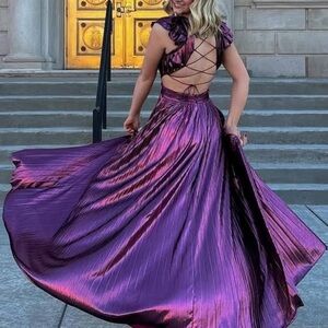 Mac Duggal Iridescent Purple Backless Pleated Evening Gown